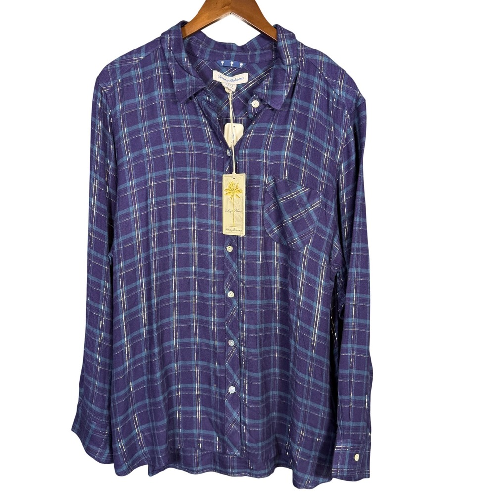 NWT Tommy Bahama Long Sleeve Flannel Top XL Blue Metallic Plaid Holiday Party